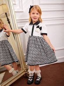 Summer Fashion Color Block Printed Patchwork Dress With 3D Flower Decoration For Young Girls - Black and White - View 4