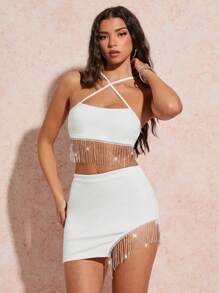 SHEIN BAE Conjunto de chaleco sin tirantes con cuello cruzado decorado con cadenas de estrás blancas de verano y falda asimétrica con abertura decorada con cadenas de estrás para mujeres, perfecto para discotecas, fiestas y vacaciones en la playa - Blanco - Ver 5