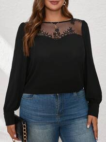 SHEIN Clasi 秋季蕾絲拼接女士加大尺碼長袖襯衫，後背綁帶蕾絲設計，適合優雅日常、通勤或商務穿著 - 黑色 - 查看 3