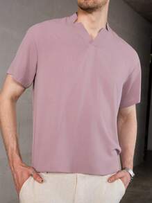 Manfinity Homme Men's Summer Solid Color Notched V-Neck Short Sleeve Casual Loose Shirt