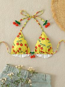 SHEIN Swim Cherry Printed Halter Bikini Top With Ruffled Edges, Neck Hanging Design (Random Print), Perfect For Vacation Summer - Yellow - View 5