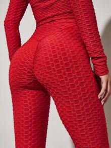 VARSITIE Collant de yoga d'été de sport de base avec fesses plissées et jambes - Rouge - Voir 5