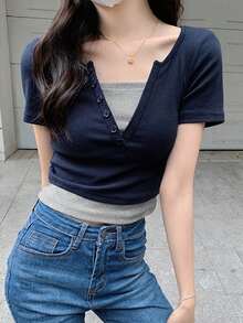 时尚女士春夏修身款二合一 V 领短袖 T 恤（亮粉色） - 藏蓝色 - 查看 6