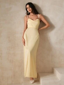 Anewsta Vestido largo de tirantes con detalles de perlas amarillas para mujeres - Amarillo - Ver 4
