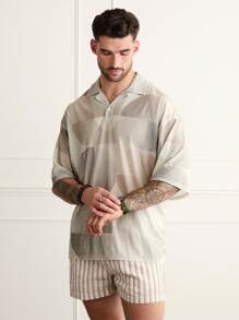 Forever 21 男士寬鬆幾何圖案透視Polo衫，米色 - 卡其色 - 查看 4