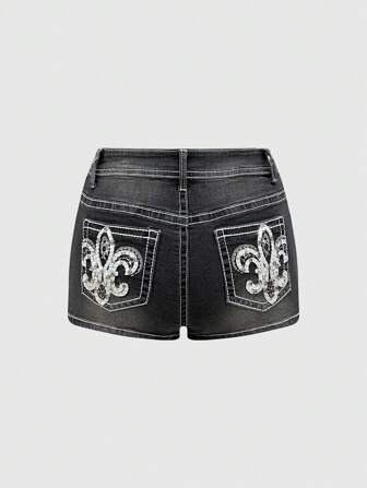 Grunge Punk Shorts de mezclilla con bordado floral