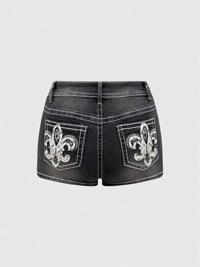 Grunge Punk Shorts di jeans con ricamo floreale