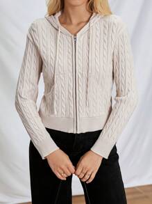 SHEIN Essnce Women's Casual Beige Cable Knit Zip-Up Hooded Short Cardigan For Autumn - Apricot - View 3