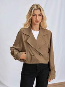 SHEIN Essnce Women's Spring/Summer Or Fall Clothes  Khaki Cropped Trench Coat In Olive Long Sleeve  Raglan Sleeve Double Button Crop Trench Coat For Spring & Autumn  Back To School Clothes  Teacher Clothes