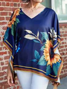 SHEIN LUNE Women Casual Elegant Summer Sundress Flowers Batwing Flowers V-Neck Batwing Sleeve Shirt - Multicolor - View 1