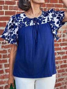 SHEIN LUNE Women Casual Summer Floral Print Tie-Down Blue Top - Blue - View 6