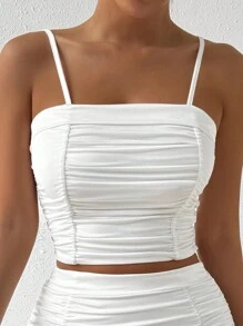 Allurite Summer Solid Color Pleated Casual Camisole Top - White - View 3