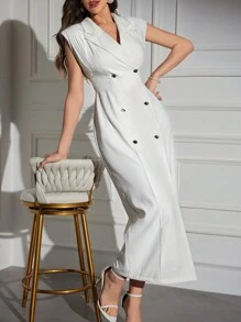 Modelyn Vestido de cuello con solapa y doble botonadura para verano - Blanco - Ver 2