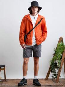 Manfinity RebelGame 男士編織時尚休閒純色寬鬆長袖拉鍊夾克外套，日常穿著 - 橘色 - 查看 3