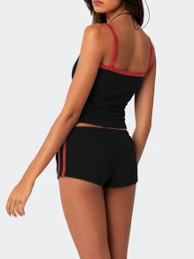 INAWLY Haut Cami et Short avec Lettrage Graphique et Bordure Contrastée - Noir - Voir 2