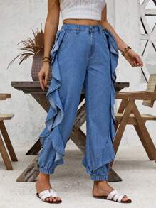 SHEIN LUNE Eenvoudige damesjeans voor dagelijks gebruik, effen kleur en ruches