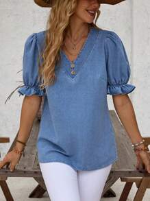 SHEIN LUNE Puff Sleeve Button Detail Denim Top For Summer