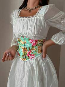 Floral Printed Fishbone Waist Trainer - Green - View 3