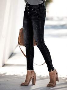 Quần jean nữ dáng ôm, cài cúc đơn, xẻ tà cao, phong cách vintage, màu đen, thích hợp cho mùa xuân. - màu đen - Xem 3