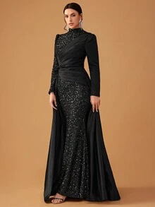 YISIKADO Women Formal Evening Gown Elegant Sequin Patchwork Satin Stand Collar Long Sleeve Dress Black Prom Wedding Guest Dress, For Graduation, Dinner Party Dress