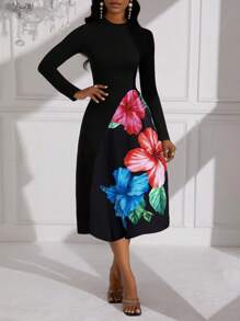Elenzga 圆领长袖花朵印花夏季束腰长裙女装 - 黑色 - 查看 3