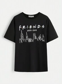 FRIENDS X SHEIN Plus Size Black Casual Loose Drop Shoulder T-Shirt With Simple Line Drawing Architecture And Letter Print, Summer FRIENDS 1994-2004