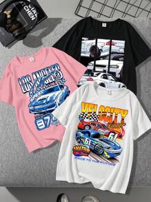 SHEIN EZwear 3pcs Casual Minimalist Car Pattern Loose Fit Women's Short Sleeve T-Shirt, Summer, SPEED NEW ADVENTURES STRAIGHT TOWARDS THE GOALS 97 NEW AMATEUR Be Brave RACE TO THE FUTURE VELOCITY  61 FULL OF COURAGE