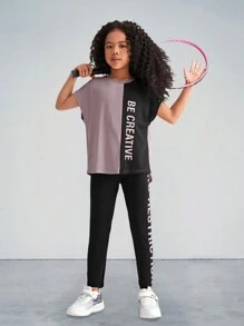 SHEIN Conjunto de dos piezas para niña preadolescente compuesto por camiseta de manga corta tejida con bloque de color y letra impresa y pantalones largos deportivos para el ocio - Púrpura polvoriento - Ver 7