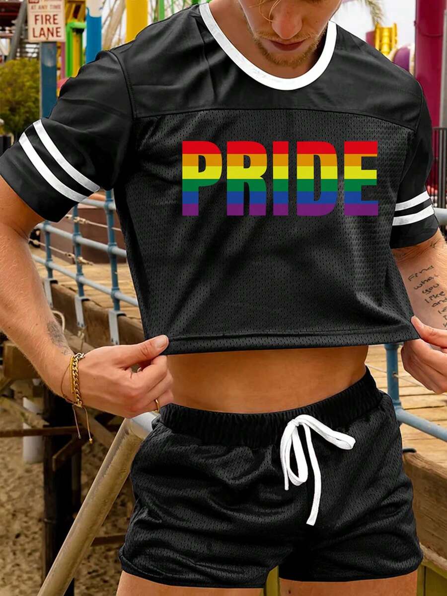 Men Letter Graphic Striped Trim Tee & Drawstring Waist Shorts - Black - View 1