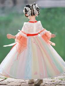 Young Girl Floral Appliques Ruffle Trim Hanfu Dress - Orange - View 2