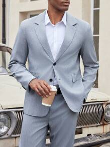 Manfinity Bizformal Men's Spring Autumn Commuter Herringbone Pattern Suit Set, Including Coat And Trousers - Grey - View 6