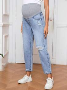 SHEIN Maternity Wideband Waist Ripped Frayed Straight Leg Jeans - Light Wash - View 4
