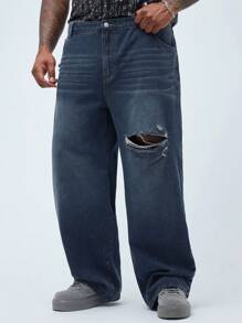 Manfinity Homme Men's Plus Size Loose Fit Wide Leg Casual Baggy Jeans With Rips And Pockets - Dark Wash - View 5