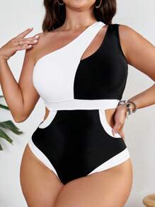 Swim Vcay 大码拼色镂空单肩连体泳衣夏季 - 黑與白 - 查看 3