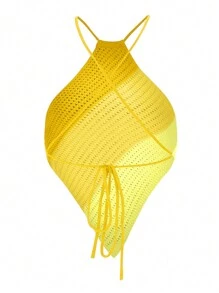 SHEIN Unity Color Block Knitted Summer Holiday Backless Halter Top - Yellow - View 2