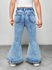 SHEIN Young Girls Y2K Blue Denim Flared Jeans,Summer Boho Thin Denim Pants,Young Girl Summer Cute Break Clothes Outfits - Light Wash - View 2