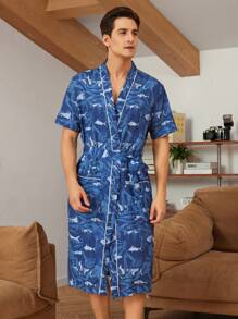 Ropa de hogar para hombre con manga corta, estampado aleatorio y atado en la cintura