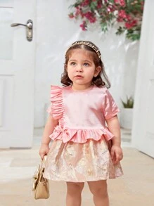 SHEIN 1件嬰兒女孩經典花卉設計優雅百褶連衣裙，夏季款 - 粉色 - 查看 6