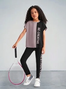 SHEIN Conjunto de dos piezas para niña preadolescente compuesto por camiseta de manga corta tejida con bloque de color y letra impresa y pantalones largos deportivos para el ocio - Púrpura polvoriento - Ver 4