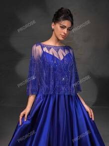 Nuovo abito da sera elegante e di alta qualità, con cinghie a spagetti, con scialle in pizzo, adatto per cerimonie formali, lauree, cene