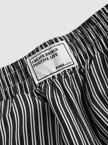 SHEIN MOD Women's Blue & White Striped Elastic Waistband Shorts With Alphabet Applique Decoration