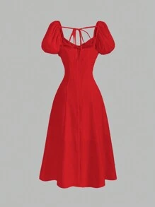 SHEIN MOD 女款純色短袖心形領夏季洋裝 - 紅色 - 查看 2