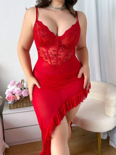 Seduluxe 2 件浪漫蕾丝拼接不对称吊带睡衣套装