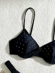 Bộ bikini hai mảnh đi biển mùa hè dành cho nữ màu trơn đính kim cương giả trang trí gợi cảm - màu đen - Xem 6