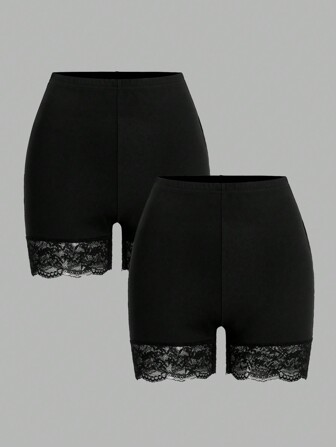 SHEIN Essnce 女士加大码 2 件套撞色蕾丝紧身裤套装，夏季