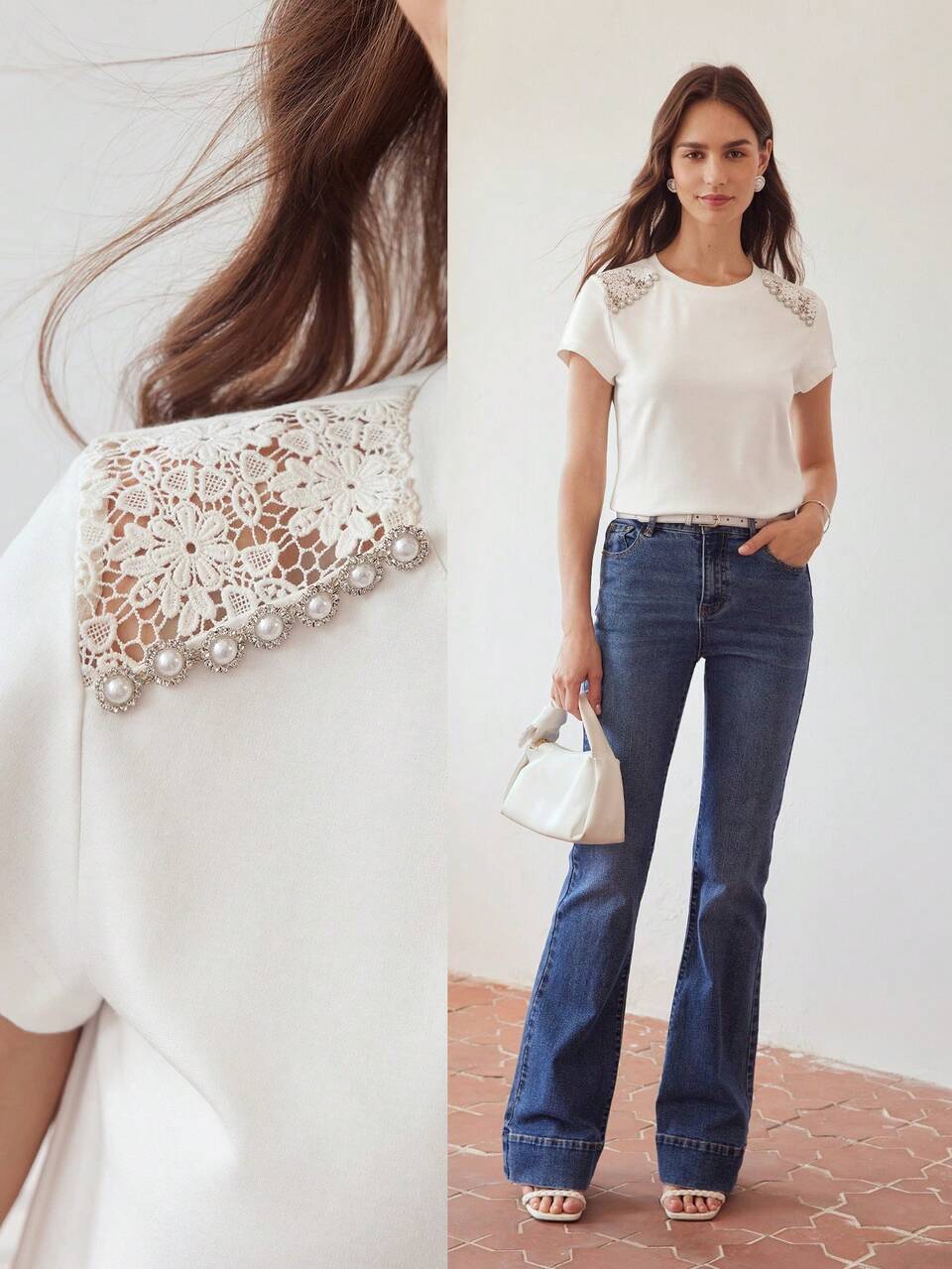 GUIPURE LACE INSERT FAUX PEARL SOLID TEE