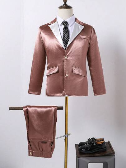 少年紫色緞面正裝套裝，適用於派對和婚禮，2件組