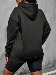 Calvaya Plus Size Slogan Graphic Kangaroo Pocket Drawstring Sweatshirt - Black - View 2