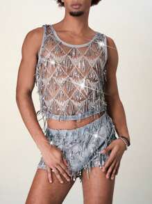 FeverCity 男士閃爍流蘇裝飾無袖背心和短褲套裝，夏季 - 彩色 - 查看 5