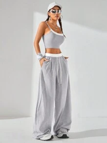 Coolane Conjunto de ropa de calle de primavera/verano para mujer con estilo, parte superior de tirantes finos con diseño de bloques de color + pantalones de color contrastante